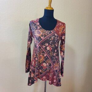 Soft Surroundings Floral Multicolor Asymmetrical Tunic Knit Top XS Red New